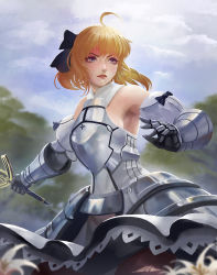 Rule 34 | 1girl, ahoge, armor, armored dress, armpits, artoria pendragon (all), artoria pendragon (fate), bare shoulders, black pantyhose, blonde hair, blurry, bow, closed mouth, clothes lift, cloud, cowboy shot, day, detached sleeves, dress, dress lift, fate/stay night, fate/unlimited codes, fate (series), faulds, flower, gauntlets, hair bow, hair ribbon, half updo, highres, holding, holding sword, holding weapon, lace, lace-trimmed dress, lace trim, lily (flower), long hair, looking away, outdoors, pantyhose, puffy sleeves, ribbon, saber (fate), saber lily, skirt, skirt lift, sky, solo, sword, torn clothes, torn pantyhose, tree, turewindwalker, upskirt, weapon, white flower