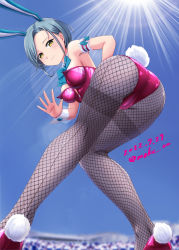 Rule 34 | 1girl, alternate costume, animal ears, aqua bow, aqua bowtie, ass, back, blue bow, blue bowtie, bow, bowtie, breasts, dated, detached collar, fake animal ears, fishnet pantyhose, fishnets, forehead, from below, grey hair, high heels, highleg, highleg leotard, kantai collection, leotard, looking at viewer, moke ro, mole, mole on neck, pantyhose, pink leotard, playboy bunny, rabbit ears, rabbit tail, salute, short hair, signature, small breasts, smile, solo, strapless, strapless leotard, sunlight, tail, tamanami (kancolle), traditional bowtie, wrist cuffs, yellow eyes