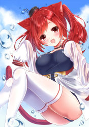 Rule 34 | 1girl, :d, animal ears, asakura with azu, azur lane, blush, breasts, bubble, cat ears, cat tail, i-19 (azur lane), jacket, large breasts, legs, long hair, open clothes, open jacket, open mouth, red eyes, red hair, sleeves past fingers, sleeves past wrists, smile, solo, tail, thighhighs, twintails, white thighhighs