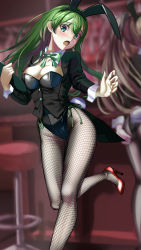 Rule 34 | 2girls, absurdres, animal ears, bar (place), black leotard, black pantyhose, blush, bow, bowtie, breasts, chair, cleavage, counter, covered navel, cowboy shot, fake animal ears, fake tail, fishnet pantyhose, fishnets, green eyes, green hair, highres, jacket, kantai collection, kotoba suzu, kumano (kancolle), leotard, medium breasts, multiple girls, open mouth, outdoors, pantyhose, playboy bunny, rabbit ears, standing, standing on one leg, strapless, strapless leotard, suzuya (kancolle), tail, traditional bowtie, tray