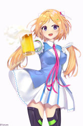 Rule 34 | 1girl, aki rosenthal, aki rosenthal (1st costume), alcohol, beer, black thighhighs, blonde hair, bob cut, breasts, commentary, detached hair, fuenyuan, hair ornament, highres, holding, hololive, long hair, looking at viewer, open mouth, parted bangs, purple eyes, shrug (clothing), simple background, smile, solo, thighhighs, twintails, virtual youtuber, white background