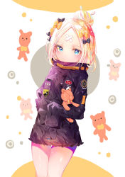 Rule 34 | 1girl, abigail williams (fate), abigail williams (traveling outfit) (fate), bad id, bad pixiv id, black bow, black jacket, blonde hair, blue eyes, blush, bow, closed mouth, crossed bandaids, fate/grand order, fate (series), hair bow, hair bun, heroic spirit traveling outfit, highres, jacket, long sleeves, looking at viewer, mao ge, multiple hair bows, hugging object, official alternate costume, orange bow, parted bangs, polka dot, polka dot bow, single hair bun, sleeves past fingers, sleeves past wrists, solo, star (symbol), stuffed animal, stuffed toy, teddy bear, white background