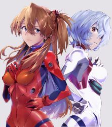 Rule 34 | 2girls, ass, ayanami rei, blue eyes, bodysuit, breasts, brown hair, curvy, hair ornament, hand on own chest, highres, interface headset, lips, long hair, looking at viewer, looking to the side, medium breasts, multiple girls, neon genesis evangelion, pilot suit, plugsuit, red bodysuit, red eyes, shiny clothes, short hair, simple background, skin tight, souryuu asuka langley, two side up, very long hair, white bodysuit, wide hips, yagisawa teru