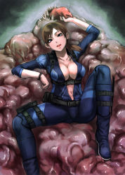 Rule 34 | 1girl, blue eyes, bodysuit, boots, breasts, brown hair, capcom, cleavage, holster, jill valentine, knee boots, large breasts, monster, navel, no bra, open bodysuit, open clothes, ponytail, resident evil, resident evil: revelations, sexually suggestive, sgk
