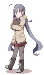 Rule 34 | 10s, 1girl, ahoge, bag, blue bow, blue hair, blue neckwear, blush, blush stickers, boots, bow, bowtie, buttons, cardigan, collared shirt, commentary, cross-laced footwear, eating, food, grey eyes, grey hair, grey pantyhose, hair between eyes, hair bow, highres, holding, holding bag, kantai collection, kiyoshimo (kancolle), lace-up boots, long hair, looking at viewer, low twintails, multicolored hair, pantyhose, paper bag, riz (ravel dc), shirt, simple background, sleeves past wrists, smile, sweet potato, twintails, very long hair, white background