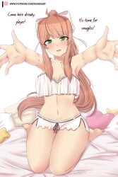 Rule 34 | 1girl, absurdres, arms up, bare shoulders, bow, bra, breasts, brown hair, doki doki literature club, english text, green eyes, highres, long hair, medium breasts, monika (doki doki literature club), navel, on bed, open mouth, patreon logo, patreon username, raion (raionart), solo, underwear, white background, white bow