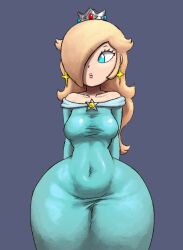 Rule 34 | 1girl, arms behind back, bare shoulders, belly, blonde hair, blue background, blue dress, blue eyes, breasts, brooch, closed mouth, collarbone, covered navel, crown, dress, earrings, expressionless, eyelashes, hair over one eye, highres, jewelry, lickagoat, lips, long hair, long sleeves, looking to the side, mario (series), medium breasts, nintendo, off-shoulder dress, off shoulder, rosalina, simple background, solo, standing, star (symbol), star earrings, super mario galaxy, taut clothes, taut dress, thick thighs, thighs, wide hips