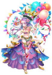 Rule 34 | 1girl, :d, balloon, blue hair, bow, breasts, character request, cleavage, colorful, copyright request, crown, detached sleeves, full body, hair ornament, hand up, highres, holding, holding balloon, lace, long hair, medium breasts, multicolored hair, navel, open mouth, original, puffy short sleeves, puffy sleeves, purple hair, ribbon, see-through, short sleeves, smile, solo, standing, standing on one leg, stomach, transparent background, umenchu7