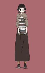 Rule 34 | 1girl, book, book stack, brown hair, hat, hedgehog, highres, holding, holding book, long skirt, original, red background, shadow, short twintails, simple background, skirt, solo, tameikirakuda, twintails
