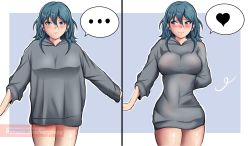 Rule 34 | ..., 1girl, before and after, blue eyes, blue hair, blush, breasts, byleth (female) (fire emblem), byleth (fire emblem), closed mouth, feet out of frame, fire emblem, fire emblem: three houses, heart, highres, large breasts, lepypepy, navel, nintendo, open mouth, panels, patreon username, shiny skin, standing, sweater, thighs, tight clothes, watermark, web address
