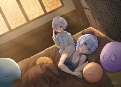 Rule 34 | 2girls, alternate costume, amulet, arepko, bed, bed sheet, blanket, blue hair, blurry, breasts, cleavage, coin hair ornament, collarbone, commentary request, depth of field, ganyu (genshin impact), genshin impact, hair between eyes, hair ornament, highres, horns, long hair, looking at viewer, lying, multiple girls, ofuda, on side, one eye closed, orange eyes, pajamas, parted lips, pillow, purple hair, qiqi (genshin impact), red eyes, sidelocks, sitting, slime (genshin impact), sunlight, under covers, waking up, window