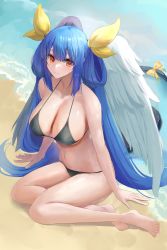 Rule 34 | 1girl, absurdres, angel wings, arm support, asymmetrical wings, bare shoulders, barefoot, beach, bikini, black bikini, blue hair, breasts, cleavage, closed mouth, collarbone, commission, covered erect nipples, dizzy (guilty gear), feathered wings, feet, full body, guilty gear, hair between eyes, hair ribbon, hair rings, highres, kaeru (meriruou), large breasts, long hair, looking at viewer, monster girl, navel, ocean, red eyes, ribbon, sand, shaded face, sidelocks, sitting, skeb commission, skindentation, smile, solo, stomach, swimsuit, tail, tail ornament, tail ribbon, thighs, twintails, water, wings, yellow ribbon