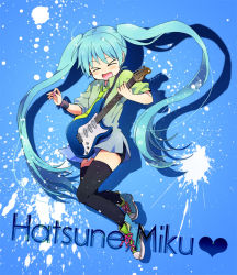 Rule 34 | &gt; &lt;, 1girl, aqua hair, bad id, bad pixiv id, black thighhighs, closed eyes, full body, guitar, hatsune miku, instrument, jumping, long hair, necktie, open mouth, paint splatter, sakuro, shoes, skirt, sneakers, solo, thighhighs, twintails, very long hair, vocaloid, zettai ryouiki