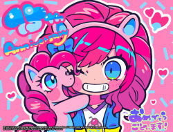 Rule 34 | 1girl, 2024, animal, animal ears, anniversary, blue bow, blue eyes, blue jacket, blush stickers, bow, collarbone, copyright name, dot nose, english text, hair bow, hairband, hasbro, heart, horse ears, hug, jacket, long hair, looking at viewer, my little pony, my little pony: friendship is magic, one eye closed, outline, patterned background, personification, pink hair, pink hairband, pink theme, pinkie pie, pony (animal), print shirt, shirt, smile, teeth, terada tera, white outline, white shirt