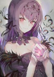 Rule 34 | 1girl, bare shoulders, caster (lostbelt), closed mouth, cupping hands, dress, fate/grand order, fate (series), hair between eyes, headpiece, highres, hxxg, jewelry, long hair, looking at viewer, own hands together, purple dress, purple hair, red eyes, scathach (fate), scathach skadi (fate), sketch, smile, solo, tiara, upper body