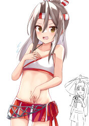 Rule 34 | 2girls, @ @, absurdres, adapted costume, ahoge, bikini, blush, brown hair, camera, hair between eyes, high ponytail, highres, holding, holding camera, kantai collection, long hair, midriff, multiple girls, navel, open mouth, osmium-76, partially colored, simple background, solo focus, swimsuit, umbrella, white background, white bikini, zuihou (kancolle)