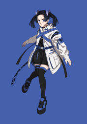 Rule 34 | 1girl, absurdres, alternate costume, black hair, black shorts, black thighhighs, blue background, blue eyes, blue footwear, blue nails, butterfly hair ornament, character name, closed mouth, coat, contemporary, crown, full body, hair intakes, hair ornament, highres, kake hashi3, kanzaki aoi (kimetsu no yaiba), kimetsu no yaiba, long hair, long sleeves, nail polish, open clothes, open coat, shoes, shorts, simple background, sneakers, solo, standing, thighhighs, twintails, v-shaped eyebrows, white coat, zettai ryouiki