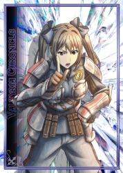 Rule 34 | 00s, 1girl, blue ribbon, brown eyes, brown gloves, brown hair, copyright name, edy nelson, gloves, hair ribbon, hand on own hip, index finger raised, leaning forward, lowres, matching hair/eyes, military, military uniform, open mouth, ribbon, senjou no valkyria (series), senjou no valkyria 1, short hair, solo, twintails, uniform