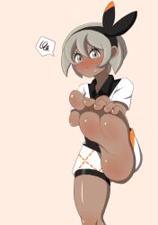 Rule 34 | 1girl, barefoot, bea (pokemon), black hairband, blush, body blush, bow hairband, closed mouth, collared shirt, commentary request, creatures (company), feet, foot focus, game freak, grey eyes, grey hair, hair between eyes, hairband, highres, kicking, nintendo, pen (pencil3693), pokemon, pokemon swsh, print shorts, shirt, short hair, short sleeves, shorts, soles, solo, spoken squiggle, squiggle, sweatdrop, toes