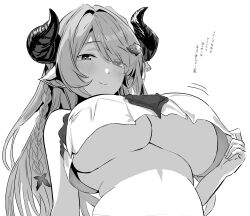 Rule 34 | 1girl, absurdres, blush, braid, breasts, commentary request, draph, eyes visible through hair, granblue fantasy, greyscale, hair ornament, hair over one eye, highres, horns, large breasts, long hair, looking at viewer, metsu end, monochrome, narmaya (granblue fantasy), pointy ears, simple background, single braid, smile, solo, translation request, underboob, white background