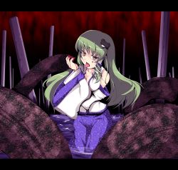 Rule 34 | 1girl, blood, breasts, cleavage, detached sleeves, female focus, frog, fujy, gradient background, green hair, hair ornament, japanese clothes, kochiya sanae, long hair, onbashira, skirt, snake, solo, tongue, touhou, yellow eyes