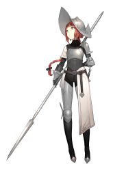 Rule 34 | 1girl, armor, belt, black bow, bow, braid, breastplate, brown belt, closed mouth, full body, hair bow, helmet, highres, holding, holding polearm, holding spear, holding weapon, km yama, long hair, armored boots, morion, original, pauldrons, plate armor, polearm, red hair, shoulder armor, simple background, single braid, solo, spear, standing, sword, turtleneck, weapon, white background, yellow eyes