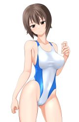 Rule 34 | 1girl, absurdres, black eyes, breasts, brown eyes, cameltoe, collarbone, commentary request, competition swimsuit, contrapposto, covered navel, girls und panzer, head out of frame, highleg, highleg swimsuit, highres, large breasts, looking at viewer, medium breasts, nishizumi maho, one-piece swimsuit, short hair, simple background, solo, swimsuit, takafumi, two-tone swimsuit, white background, white one-piece swimsuit