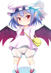 Rule 34 | 1girl, arms behind back, ascot, bag, bloomers, blush, dress, ebi 193, hat, kindergarten bag, light purple hair, looking at viewer, mob cap, pink dress, pointy ears, red eyes, remilia scarlet, short dress, solo, standing, touhou, underwear, aged down
