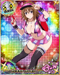 Rule 34 | 1girl, ahoge, black thighhighs, bra, breasts, brown hair, card (medium), chess piece, cleavage, female focus, gun, high school dxd, holding, holding gun, holding weapon, jewelry, large breasts, long hair, looking at viewer, midriff, mature female, navel, necklace, official art, purple bra, purple eyes, queen (chess), skirt, smile, solo, standing, thighhighs, underwear, venelana gremory, visor, visor cap, weapon