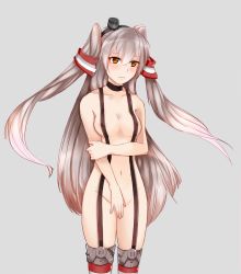 Rule 34 | 10s, 1girl, amatsukaze (kancolle), blush, breasts, brown eyes, covered erect nipples, covering privates, covering crotch, hair tubes, hairband, hat, kantai collection, long hair, mairu (amamamamamairu), medium breasts, naked suspenders, navel, silver hair, solo, suspenders, thighhighs, twintails, two side up, wavy mouth