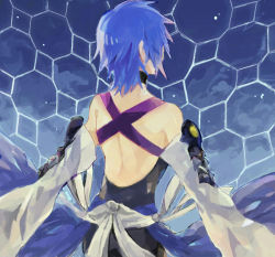 Rule 34 | 1girl, aqua (kingdom hearts), backless outfit, bare shoulders, black jumpsuit, blue hair, detached sleeves, from behind, jumpsuit, kingdom hearts, kingdom hearts birth by sleep, long sleeves, ramochi (auti), short hair, solo, turtleneck, wide sleeves