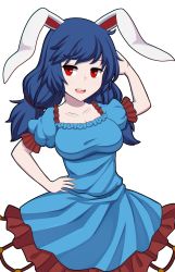 Rule 34 | 1girl, animal ears, blue dress, blue hair, breasts, dress, hand on own hip, highres, long hair, medium breasts, open mouth, rabbit ears, red dress, red eyes, seiran (touhou), short sleeves, smile, solo, touhou, two-tone dress, watafu, white background