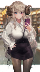 Rule 34 | 1girl, bag, between breasts, black skirt, blue eyes, blurry, blurry background, blush, breasts, brown pantyhose, cellphone, commentary request, cowboy shot, curled horns, eyes visible through hair, fingernails, hair between eyes, hand on own hip, heterochromia, high-waist skirt, highres, holding, holding phone, horns, indoors, large breasts, letterboxed, light brown hair, light particles, light rays, long hair, long sleeves, looking at phone, nail polish, office lady, original, pantyhose, phone, purple eyes, revision, shirt, shoulder bag, skirt, sleeves past wrists, smartphone, solo, standing, strap between breasts, torriet, very long hair, white shirt