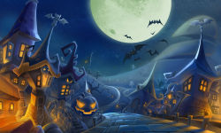 Rule 34 | animal, bat (animal), building, full moon, glowing, halloween, highres, house, jack-o&#039;-lantern, landscape, moon, night, no humans, original, pumpkin, scenery