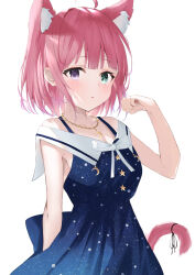 Rule 34 | 1girl, absurdres, animal ear fluff, animal ears, arm at side, bare shoulders, blue dress, blush, breasts, cat ears, cat tail, cilu shinomori, cleavage, collared shirt, crescent, crescent necklace, crescent print, dress, gradient dress, green eyes, heterochromia, highres, himemori luna, himemori luna (sundress), hololive, jewelry, looking at viewer, medium breasts, necklace, off shoulder, official alternate costume, official alternate hair length, official alternate hairstyle, paw pose, pink hair, print dress, purple eyes, ribbon, sailor collar, sailor dress, shirt, short hair, simple background, sleeveless, sleeveless dress, solo, starry sky print, tail, tail ornament, tail ribbon, triangle mouth, virtual youtuber, white background, white sailor collar