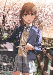 Rule 34 | 1girl, :d, bag, bicycle, bicycle basket, blazer, blue bow, blue bowtie, blue jacket, blush, bow, bowtie, brown hair, canal, cherry blossoms, collared shirt, commentary request, cowboy shot, day, dress shirt, falling petals, grey skirt, hair between eyes, heart, highres, jacket, kukiha, lapels, leaf, light blush, long hair, long sleeves, looking at viewer, notched lapels, open mouth, original, outdoors, petals, plaid, plaid skirt, pleated skirt, railing, school bag, shirt, signature, skirt, smile, solo, sweater vest, tree, uniform, white shirt, wing collar, wooden railing, yellow eyes