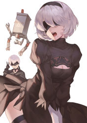Rule 34 | 1boy, 1girl, absurdres, android, black blindfold, black dress, black hairband, black thighhighs, blindfold, blush, cleavage cutout, clothing cutout, covered eyes, dress, embarrassed, feather-trimmed sleeves, hairband, highres, jolker, juliet sleeves, long sleeves, mole, mole under mouth, nier (series), nier:automata, pod (nier:automata), puffy sleeves, short hair, silver hair, simple background, smile, square enix, thighhighs, v, white background, 2b (nier:automata), 9s (nier:automata)