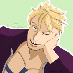 Rule 34 | 1boy, blonde hair, blue eyes, head rest, male focus, marco (one piece), one eye closed, one piece, open clothes, open shirt, shirt, smile, solo, wink