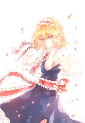 Rule 34 | 1girl, alice margatroid, blonde hair, blue dress, blue eyes, capelet, dress, frills, hairband, hands on own head, looking at viewer, petals, pokan (xz1128), ribbon, sash, short hair, simple background, solo, touhou, white background