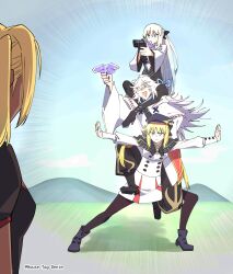 Rule 34 | 1boy, 3girls, artoria caster (fate), artoria caster (second ascension) (fate), artoria pendragon (fate), baggy pants, beret, black bow, black dress, black footwear, black pants, black pantyhose, blonde hair, blue cape, blue eyes, blue headwear, boots, bow, braid, breasts, cape, closed eyes, dark-skinned female, dark skin, dress, fate/grand order, fate (series), french braid, green eyes, grey hair, gun, hair bow, hat, highres, house tag denim, large breasts, long hair, long sleeves, merlin (fate), morgan le fay (fate), multiple girls, nezha (fate), open mouth, pants, pantyhose, ponytail, robe, short hair, sidelocks, small breasts, smile, thigh boots, twintails, two-tone dress, very long hair, weapon, white dress, white hair, white robe, wide sleeves