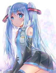 Rule 34 | 1girl, bad id, bad pixiv id, bare shoulders, black skirt, black sleeves, black thighhighs, blue eyes, blue hair, blue necktie, blush, breasts, closed mouth, collared shirt, commentary request, detached sleeves, feathered wings, grey shirt, hair between eyes, hair ornament, hatsune miku, long hair, long sleeves, necktie, pleated skirt, shikino (sikinonono), shirt, skirt, sleeveless, sleeveless shirt, sleeves past fingers, sleeves past wrists, small breasts, solo, thighhighs, tie clip, twintails, very long hair, vocaloid, white background, wings