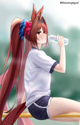 Rule 34 | 1girl, absurdres, animal ears, baozouyeguai, blue shorts, blush, bottle, brown hair, commentary request, daiwa scarlet (umamusume), hand up, highres, holding, holding bottle, horse ears, long hair, looking at viewer, parted lips, red eyes, shirt, short shorts, shorts, sitting, solo, tail, thighs, tiara, twintails, umamusume, very long hair, white shirt
