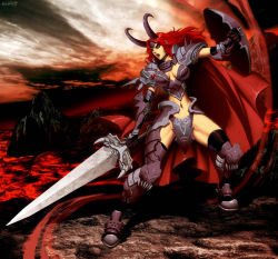 Rule 34 | 1girl, armor, castle age, genzoman, horns, keira, keira the dread knight, red hair, shield, solo, sword, weapon