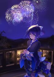 Rule 34 | 1girl, a-chan (hololive), absurdres, aerial fireworks, alternate hairstyle, back bow, black kimono, blue bow, blue eyes, blue hair, bow, closed mouth, commentary, dark blue hair, earrings, fireworks, floral print, floral print kimono, hair bow, highres, hololive, japanese clothes, jewelry, kimono, kinchaku, long sleeves, looking at viewer, no eyewear, obi, pouch, pparus, print kimono, sash, short hair, smile, solo, steepled fingers, striped clothes, striped kimono, summer festival, swept bangs, triangle earrings, unworn eyewear, vertical-striped clothes, vertical-striped kimono, virtual youtuber, wide sleeves, yukata