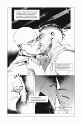 Rule 34 | 2boys, atomic heart, bald, bara, beard, bulge, char-les (atomic heart), closed eyes, english text, erection, erection under clothes, facial hair, fukurau, greyscale, highres, jumpsuit, lab coat, licking, licking another&#039;s face, looking at another, male focus, monochrome, multiple boys, muscular, muscular male, p-3 (atomic heart), pants, saliva, shirt, short hair, tongue, tongue out, yaoi