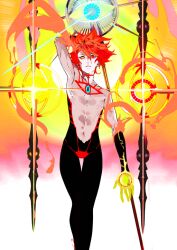 Rule 34 | 1boy, fate/grand order, fate (series), holding, holding weapon, karna (fate), lance, looking at viewer, official alternate costume, official art, pako (pakosun), polearm, red eyes, red hair, weapon, yellow background