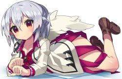 Rule 34 | 1girl, boots, bow, braid, breasts, brown footwear, cleavage, collarbone, dress, ears visible through hair, eyes visible through hair, feathered wings, fingernails, french braid, full body, hair between eyes, jacket, kishin sagume, long sleeves, lying, multicolored eyes, on stomach, open clothes, open jacket, orange eyes, purple dress, purple eyes, red bow, sakaki (utigi), short hair, silver hair, single wing, solo, touhou, white jacket, white wings, wings