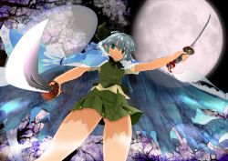 Rule 34 | 1girl, cape, cherry blossoms, coat, dress, dual wielding, female focus, foreshortening, from below, frown, full moon, green eyes, grey hair, hairband, holding, jacket, jacket on shoulders, konpaku youmu, konpaku youmu (ghost), looking at viewer, moon, numany, short hair, solo, sword, thighhighs, touhou, tree, weapon, white thighhighs