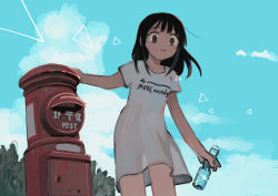 Rule 34 | 1girl, black hair, blue sky, brown eyes, bush, closed mouth, cloud, commentary request, cowboy shot, day, dress, english text, medium hair, original, plant, postbox (outgoing mail), short sleeves, sky, smile, soda bottle, solo, standing, tadano natsu, triangle, very wide shot, white dress