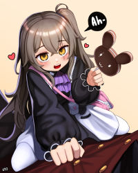 Rule 34 | 1boy, 1girl, absurdres, aged down, ascot, bag, black dress, blush, candy, commander (girls&#039; frontline), dress, food, girls&#039; frontline, grey hair, griffin &amp; kryuger military uniform, heart, highres, holding, holding candy, holding food, long hair, long sleeves, official alternate costume, open mouth, scar, scar across eye, scar on face, shoulder bag, simple background, solo focus, speech bubble, teeth, two-tone dress, ukoo (kv7863), ump45 (agent lop rabbit) (girls&#039; frontline), ump45 (girls&#039; frontline), upper teeth only, white dress, white legwear, yellow eyes